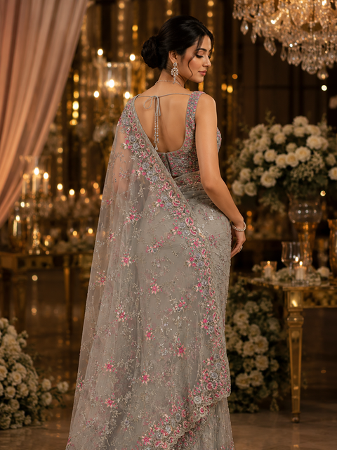 Dusky mint color designer Saree with netting base fabric and stones work design all over with heavy embroidery.The Blouse Worn By The Model Is For Reference Purposes Only. The Actual Blouse Piece Comes Attached With Saree(Slight Variations Are Possible)