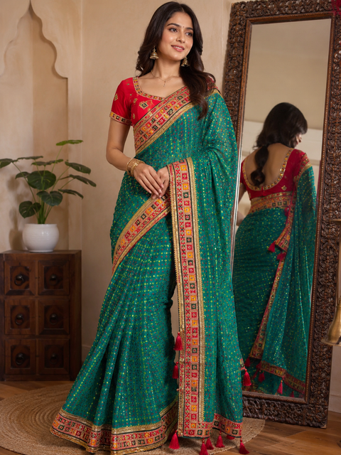 Bandhani print Beautiful Saree with embroidery and stone work border and beautiful design on Pallu with contrast embroidered Blouse. Blouse Piece Attached. Model Image For Reference Only. Slight Variation In Colour And Design May Occur.