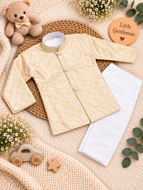 Adorable Brocade Silk Newborn Kurta Pajama Set with soft inner lining, easy front-open kurta and matching elasticated pajama for comfortable wear.Kurta L 35 cm,Chest 25 cm,Sleeve 24 cm,Pajama L 33 cm. Slight variation in colour & design may occur