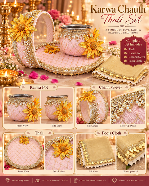 Beautiful Karwa Chauth Thali Set in blush pink and gold with matching thali, channi, kalash and cover cloth. Slight variation in colour and design is possible.