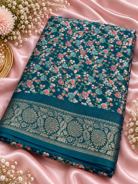 Soft Georgette Printed Saree – Lightweight and flowy with elegant all-over print and border. Matching blouse piece attached; model blouse is for reference only. Slight variation in colour/design is possible.