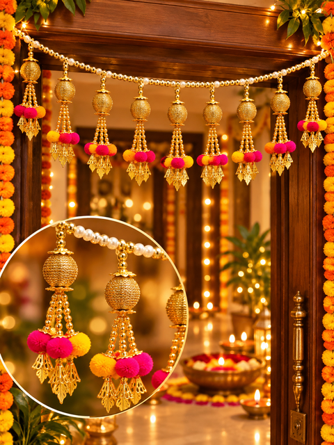 Festive Diwali Door Toran – Beautifully designed with colourful pom-poms, pearl detailing and elegant golden hanging accents. Slight variation in colour and design may occur