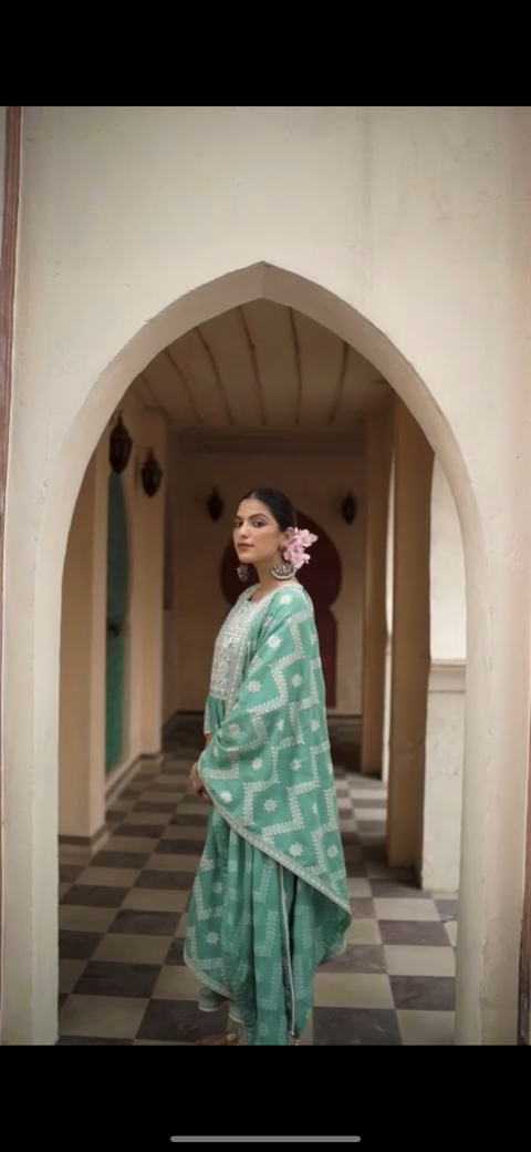 Pure & Soft Rayon Based Designer Lakhnavi Embroidered Kurti With Plazo Pants & Dupatta(Clip Attached to watch the design)