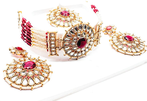 Pearls beaded with Kundan stone beautiful choker necklace with Earrings & Tikka