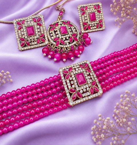 Jerkan fine stone with pearls beaded choker set with beautiful studs & tikka