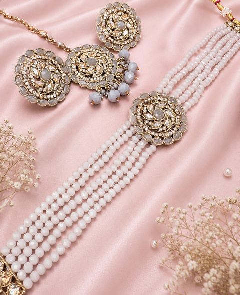 Jerkan fine stone with pearls beaded choker set with beautiful studs & tikka
