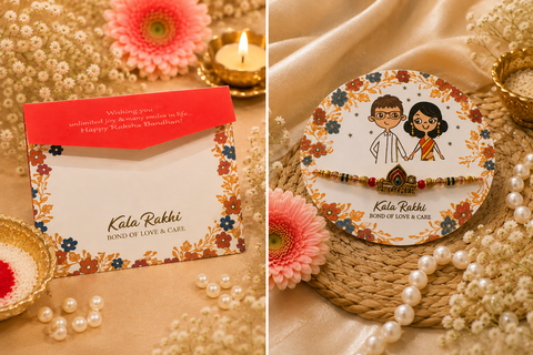 Beautiful traditional Rakhi featuring a cute brother-sister design, colourful beads and an elegant centrepiece. Perfect for celebrating the special bond of love between siblings.