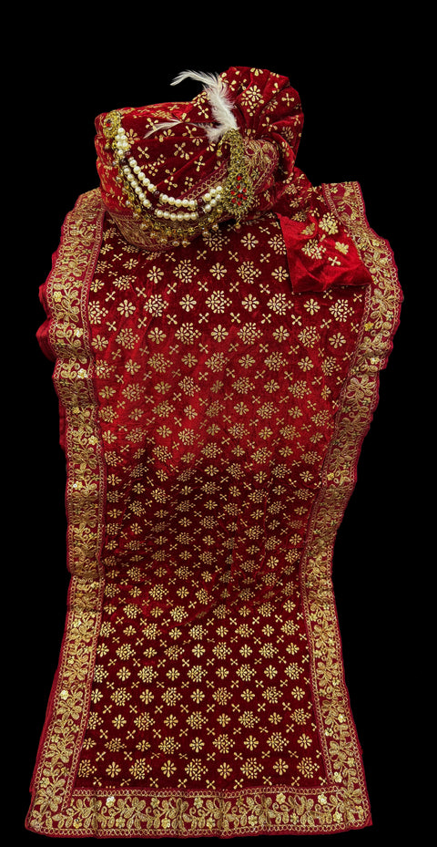 Maroon colour velvet based golden printed Dulha Pagdi With dupatta set