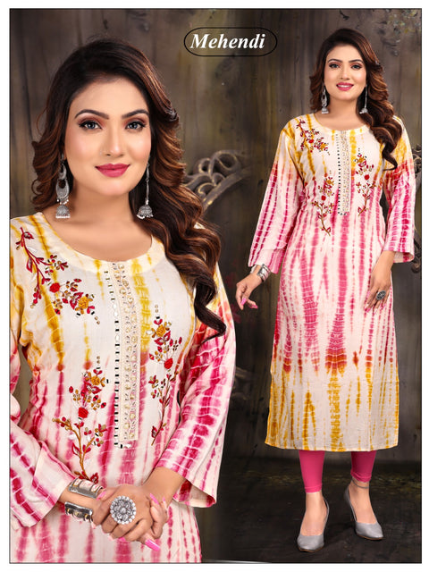 Pure Rayon based embroidered neck printed kurti