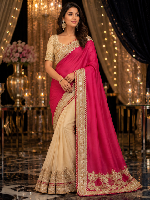 Elegant Georgette Saree featuring a beautiful heavy embroidered border for a graceful festive look. Comes with an unstitched blouse piece,blouse worn by the model is for reference purposes only. Slight variation in color & design may occur