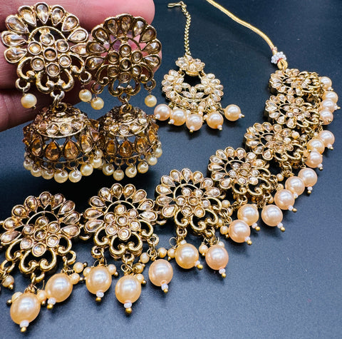 Beautiful pearls with stone beaded choker necklace with jhumka and tikka