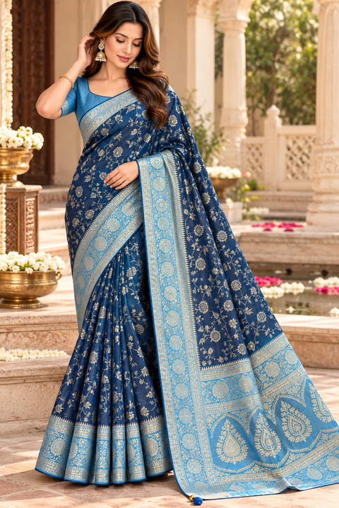 Dola Silk Saree with elegant all-over floral zari weaving and a rich contrasting woven border with detailed pallu. Soft, graceful drape with a luxurious festive look. Contrast blouse piece included.Slight variation in colour and design is possible.