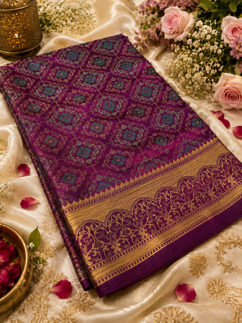 Elegant Soft Silk Blend Saree featuring intricate all-over woven motifs and a rich zari border. The lightweight fabric offers a graceful fall and comfortable drape, Blouse piece is attached with the saree. Slight variation in color and design may occur.