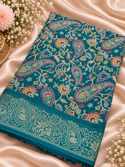 Soft Georgette Printed Saree – Lightweight and flowy with elegant all-over print and border. Matching blouse piece attached; model blouse is for reference only. Slight variation in colour/design is possible.