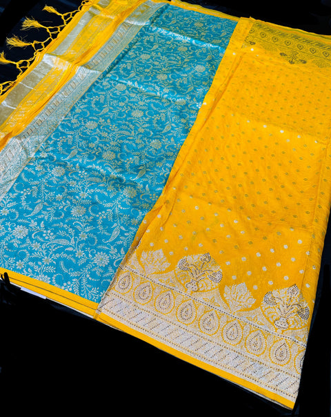 Soft Banarasi Silk brocade saree with stone work and tessels attach on Pallu and contrast brocade blouse piece