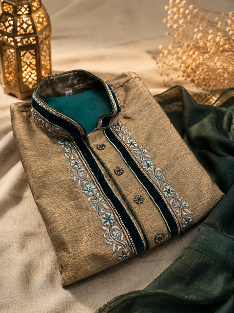 Raw silk based embroidery neck design kurta with pajama pants (slight variation in color and design is possible