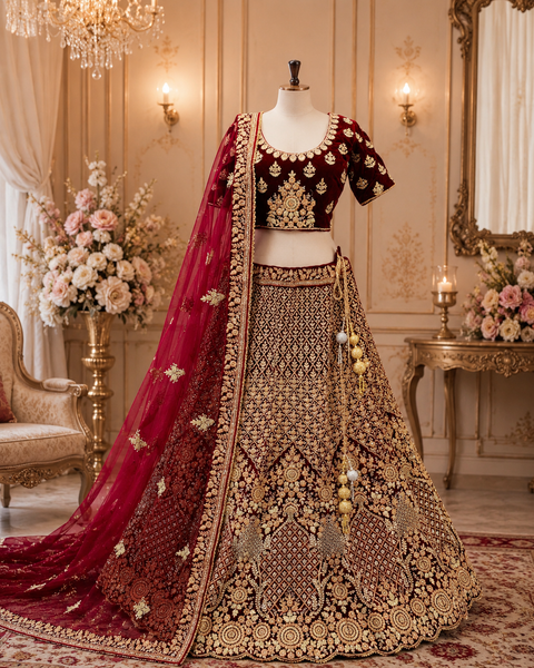 Maroon colour velvet based beautiful embroidery work with heavy fine stones silver work  very heavy 3 layered ken ken super heavy Designer Bridal Lehnga with heavy tessels attached to blouse & Lehnga with heavy work lace beaded dupatta (SIZE 40 (upto 46))