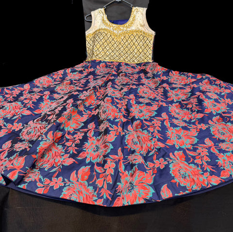 Stonework with Blue, Red & Teal colour beautiful brocade silk print gown