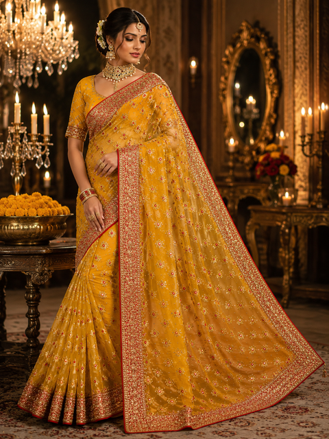 Beautiful Bridal Saree featuring intricate hand embroidery, rich gold zari work and sparkling stone embellishments. ✨Model blouse is for reference only. Blouse piece is attached with the saree. Slight variation in colour and design may occur.