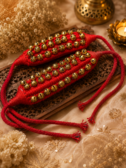 Ghungroo (30+30) Red Pad 3 Line Ghungroo Double String With Cushion Pads|Bell,Ghungru,Anklet Bell,Salangai,Chilanka|Paijania Kuchipudi,Bharatanatyam,Bharata Muni|Bharatnatyam Dance