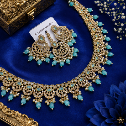 Jerkan stone with pearls beaded work beautiful necklace with earrings and tikka set