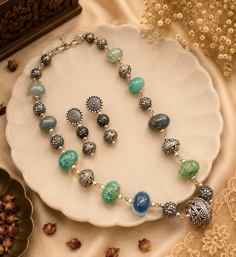 The unique colorful gems with beaded stones design Beautiful work oxidised Necklace with earrings
