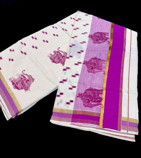 KERALA KASAVU COTTON SAREE WITH BEAUTIFUL ELEPHANT PRINT