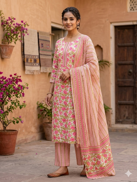 Cotton Based  Embroidery Printed Kurti With Plazo pants & Dupatta (slight variance in color and design is possible)