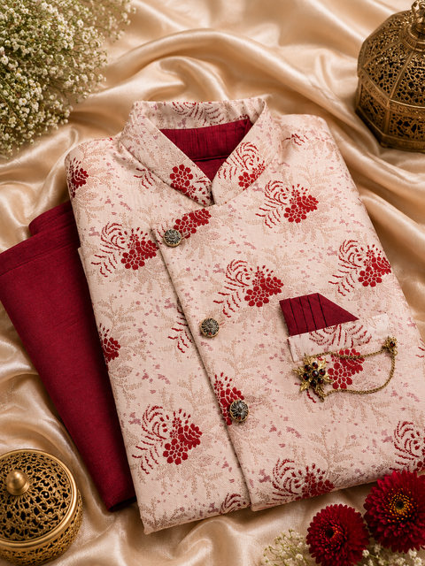 Brocade silk designer jacket with plain kurta and pants (slight variation in color & design is possible )