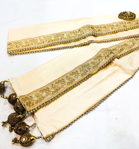 Golden colour silk based golden printed Dulha Sherwani dupatta with latkan