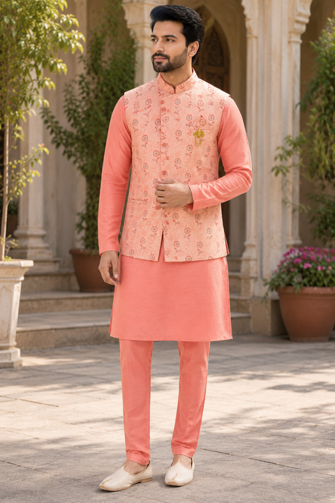 Elegant Coral Floral Jacquard Indo-Western Kurta Set with Designer Jacket – a perfect choice for weddings and festive celebrations. Slight variation in color and design may occur.