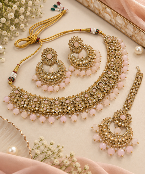 Beautiful polki stones with pearls and colorful stones necklace & earrings with Tikka. Slight variations in colour and design are possible