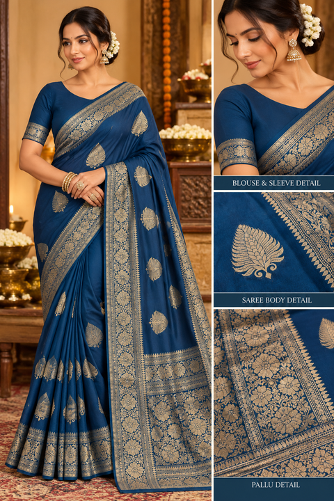 Luxuriously soft silk saree with a smooth, lightweight feel and beautifully flowy drape. Featuring rich woven zari floral motifs and an elegant detailed border .Blouse piece included. Slight variation in colour and design is possible.