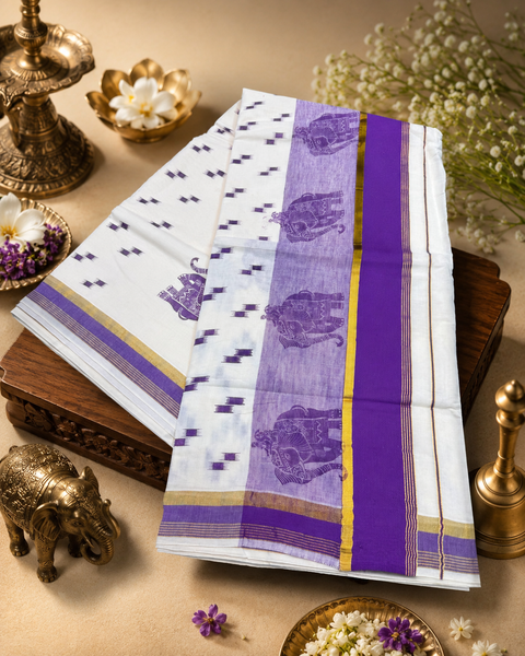 KERALA KASAVU COTTON SAREE WITH BEAUTIFUL ELEPHANT PRINT (slight variation in color & design is possible)