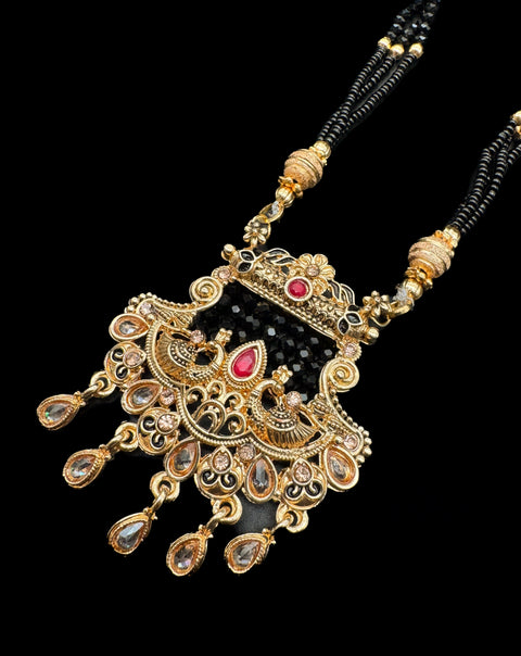 Polki Stone & Jerkan Gold Plated (Artificial) Mangalsutra With Artificial Black Beads Chain, Apx Size 15 inches length