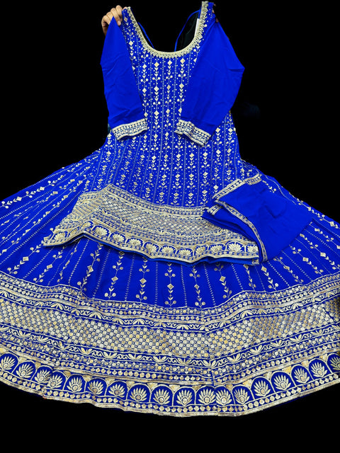 Georgette based All over embroidery with sequined work heavy design long kameez with heavy work multiflared lehnga and georgette dupatta