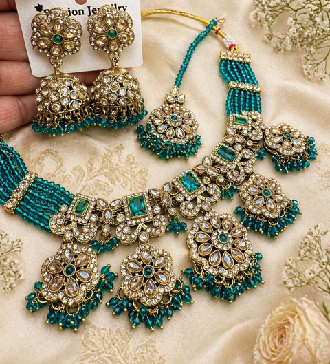 Original Polki stone with pearls beaded work beautiful necklace with jhumka and tikka set