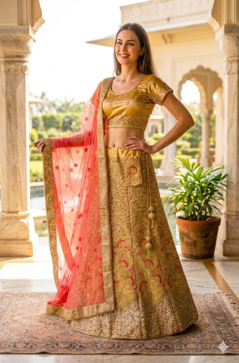 Size 42(can be altered upto 46)Silk based embroidery work with sequined work heavy ken ken lehnga with stitched blouse & Peachy Pink netting dupatta with heavy lace border (slight variation in color and design is possible)