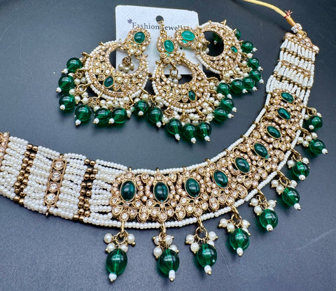 Polki stone with pearls beaded work beautiful choker style necklace with jhumka and tikka set