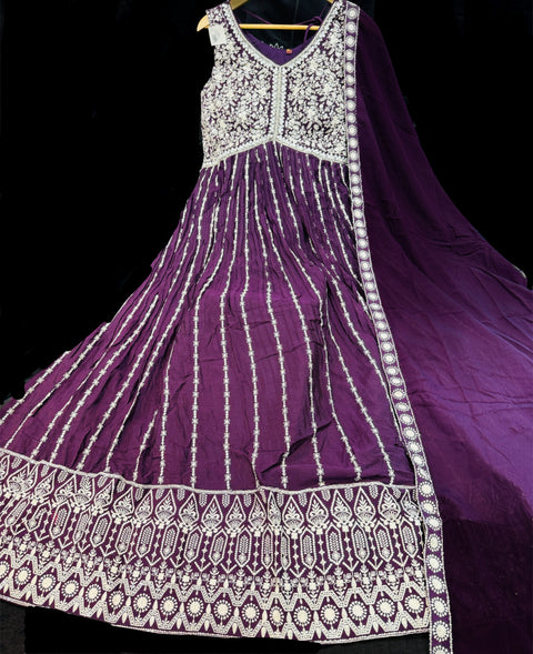 Georgette chinnon Based Embroidery Work  heavy flared gown/kameez And embroidery Work Dupatta