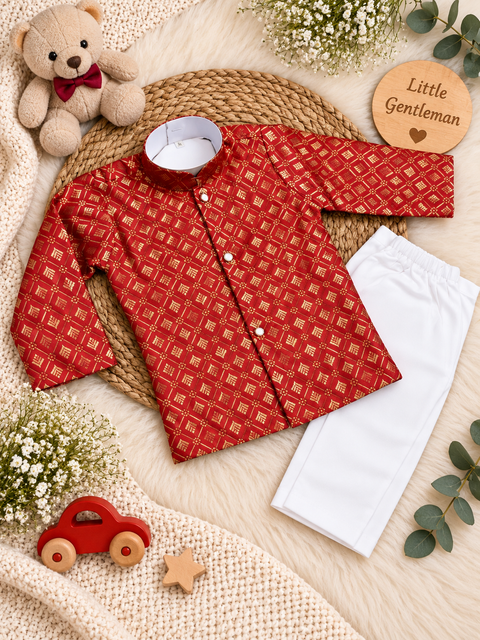 Adorable Brocade Silk Newborn Kurta Pajama Set with soft inner lining, easy front-open kurta and matching elasticated pajama for comfortable wear.Kurta L 35 cm,Chest 25 cm,Sleeve 24 cm,Pajama L 33 cm. Slight variation in colour & design may occur