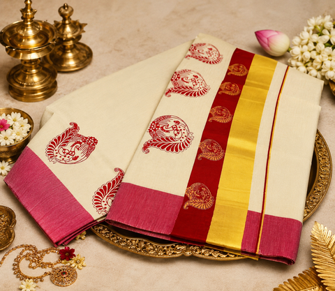 KERALA GOLD TISSUE WITH DIGITAL PRINT BEAUTIFUL SAREE