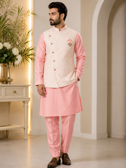 Brocade silk designer jacket with plain kurta and pants (slight variation in color & design is possible )