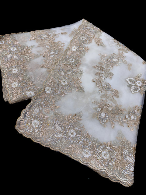 (Video Clip attached )Heavy work designer Saree with netting base fabric and stones work design all over with heavy embroidery work