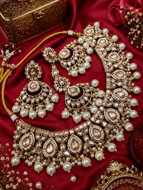 Polki stone with pearls beaded work beautiful necklace with jhumka and tikka set