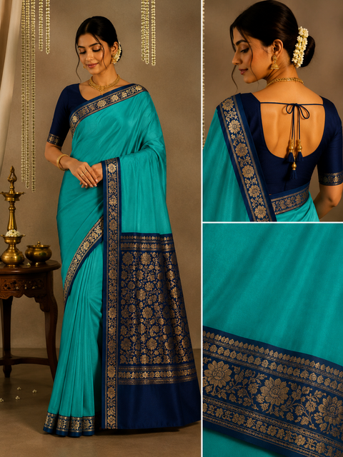 Plain silk Saree with contrast zari border and contrast plain Blouse, Model-Worn Blouse Is For Reference Only. Unstitched Blouse Piece Is Attached With Saree(Slight Variation In Color & Design Is Possible)