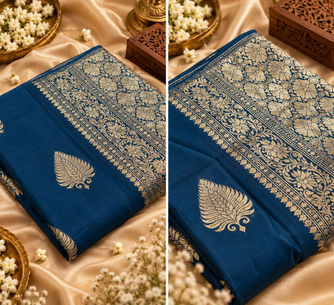 Luxuriously soft silk saree with a smooth, lightweight feel and beautifully flowy drape. Featuring rich woven zari floral motifs and an elegant detailed border .Blouse piece included. Slight variation in colour and design is possible.