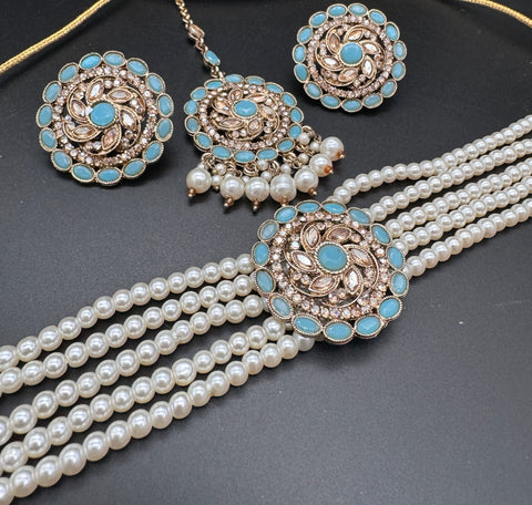 Jerkan fine stone with pearls beaded choker set with beautiful studs & tikka