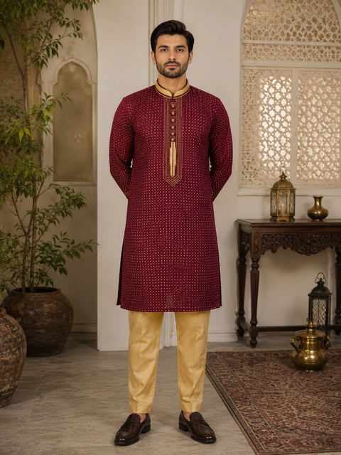 Maroon colour silk based all over embroidered mens kurta with Cream golden colour pajama pants (slight variation in color and design is possible )