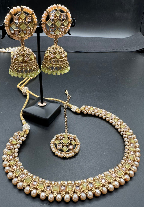 Kundan And Pearls Work Beautiful Necklace Set With Jhumka & Tikka